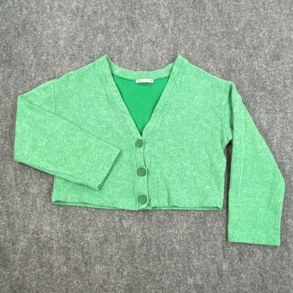 Zara Womens Medium Green Marl Ribbed Cropped Cardigan Sweater V-Neck Button Top